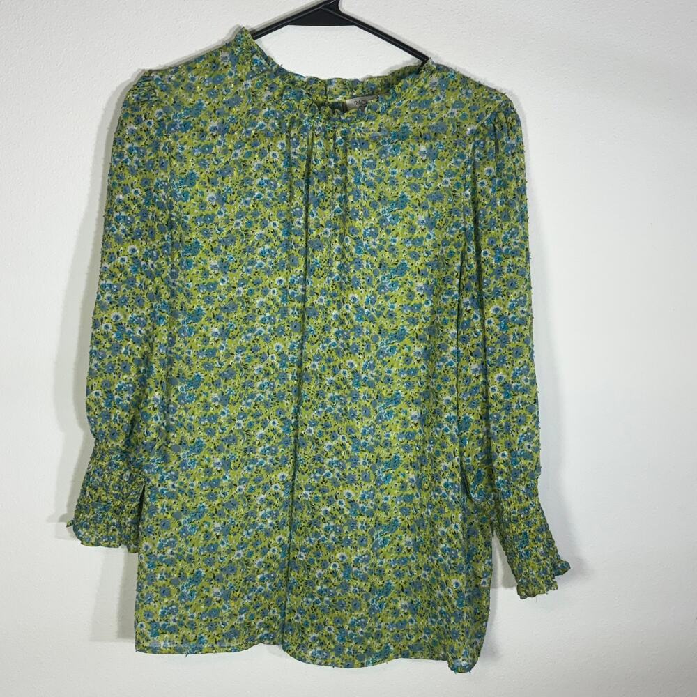 Rachel Zoe Floral Peasant Blouse Women's L Blue Green Smocked Cuffs Boho
